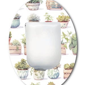 May include: An oval-shaped light switch cover plate featuring a repeating pattern of various potted succulents and small houseplants in soft pastel colors, including shades of green, pink, and brown, set against a clean white background.