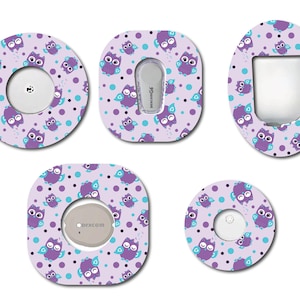 May include: Five different sized adhesive patches with a purple and teal owl pattern on a light purple background. The patches are designed to cover medical devices.