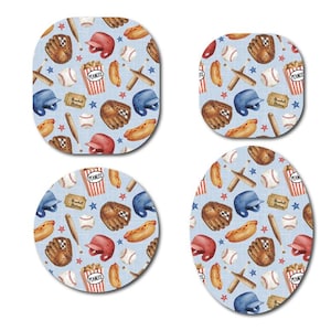 May include: Four round coasters with a baseball theme. The coasters feature a blue background with white baseballs, bats, gloves, and hot dogs. The text "Planters" and "Baseball Season" are also featured on the coasters.