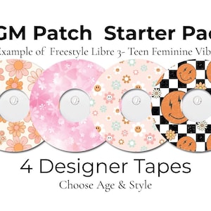 May include: A CGM Patch Starter Pack with four designer tapes for Freestyle Libre 3. The tapes display floral, pink patterns, and smiley faces. The text reads "Choose Age & Style."