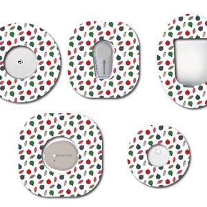 May include: A selection of patterned medical device stickers. The stickers have a white backdrop with a repeating pattern of red, green, and grey Christmas baubles. The stickers are in various shapes, including circles, ovals, and squares, with cutouts for medical devices.