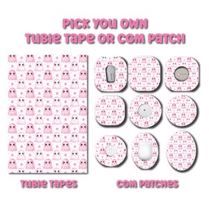 May include: A collection of adhesive medical accessories featuring a repeating pattern of pink ghosts and stars. The set includes a rectangular sheet labeled TUBIE TAPES and various circular and oval-shaped CGM PATCHES with cutouts for devices.