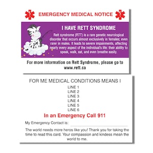 Emergency Medical Card Rett Syndrome Medic Alert Card, Rare Disease Awareness