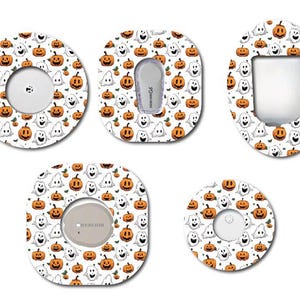 May include: A collection of Halloween-themed adhesive patches with various shapes. The patches feature a repeating pattern of orange pumpkins and white ghosts on a white background. Some patches have circular or rectangular cutouts.