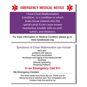 Carte médicale d'urgence Carte d'alerte médicale pour malformation de Chiari, sensibilisation aux maladies rares