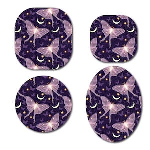 May include: Four purple and white patterned stickers with a moth design. The stickers are in the shape of a circle, oval, and two squares.