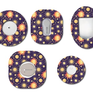 May include: Set of five colorful round and square adhesive stickers with a sun and star pattern on a dark purple background. The stickers are designed to cover medical devices.