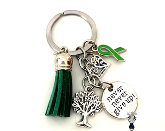 Green Awareness Ribbon Never Give Up Keychain Tourettes Syndrome, Fibrodysplasia Ossifican's Progressiva, Leukemia