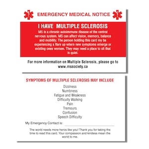 Carte médicale d'urgence Carte d'alerte médicale pour la sclérose en plaques, sensibilisation aux maladies rares