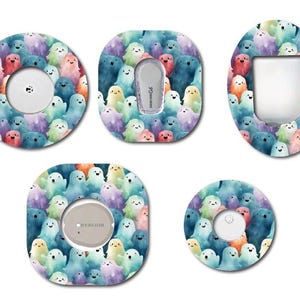 May include: A collection of five adhesive patches with a colorful, whimsical design. Each patch features a pattern of smiling, cartoon-like figures in shades of blue, purple, orange, and red. The patches are in various shapes, including round and oval.