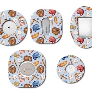 May include: Five different designs of adhesive patches for a medical device. The patches feature a blue background with a baseball theme. The designs include baseballs, bats, gloves, hot dogs, and popcorn.