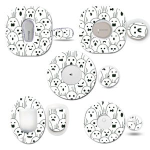 May include: A set of 10 white and black Halloween-themed adhesive stickers for a medical device. The stickers feature a pattern of ghosts with different facial expressions. The stickers are designed to cover the device's insulin pump, sensor, and other parts.