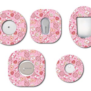 May include: Set of six pink and white patterned adhesive stickers for a medical device. The stickers feature a repeating pattern of doughnuts, coffee cups, and hearts.