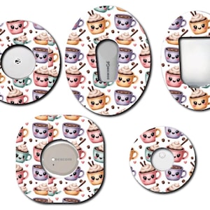 May include: A collection of five patterned stickers featuring a repeating design of cute coffee cups and whipped cream. The stickers have various shapes, including circles and ovals, with cutouts for a device.