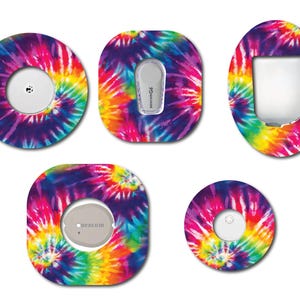 May include: Five different colorful tie-dye patterned medical device covers. The covers are in various shapes, including round, oval, and square. The covers are designed to fit over medical devices, such as insulin pumps and continuous glucose monitors.