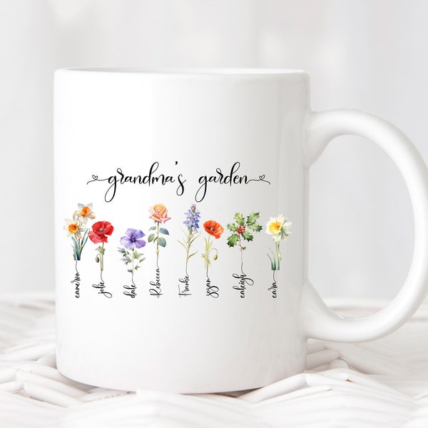 Tasse personnalisée avec fleurs de naissance, mois de naissance, 11 oz ou Mug 15 oz, cadeau fête des mères, cadeau pour grand-mère