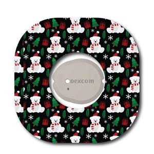 May include: A square adhesive patch with rounded corners featuring a black background with a repeating pattern of white polar bears wearing red and white striped scarves and hats, green pine trees, red gift boxes, and white snowflakes, with a Dexcom sensor.