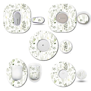 May include: Various medical device covers featuring a botanical design in green and white. The covers display a floral pattern and come in different shapes and sizes. The designs are intended for medical devices.