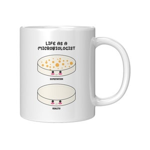 May include: White ceramic mug with the text "Life as a Microbiologist" and two cartoon petri dishes. The top petri dish has a happy face and is filled with yellow dots. The bottom petri dish has a sad face and is empty. The text "Expectation" is below the top petri dish and the text "Reality" is below the bottom petri dish.