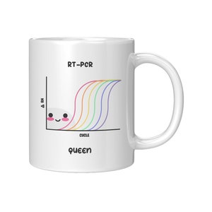 A cute mug that says RT-PCR Queen