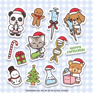 クリスマス科学ステッカー、科学者、研究室技術者、科学界の女性、生物学教師、細胞培養、薬学、大学院生、彼女への贈り物