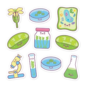 May include: A set of nine colorful stickers featuring cartoon illustrations of plant cells, a microscope, a petri dish, and a flower. Each sticker has a cute, smiling face.