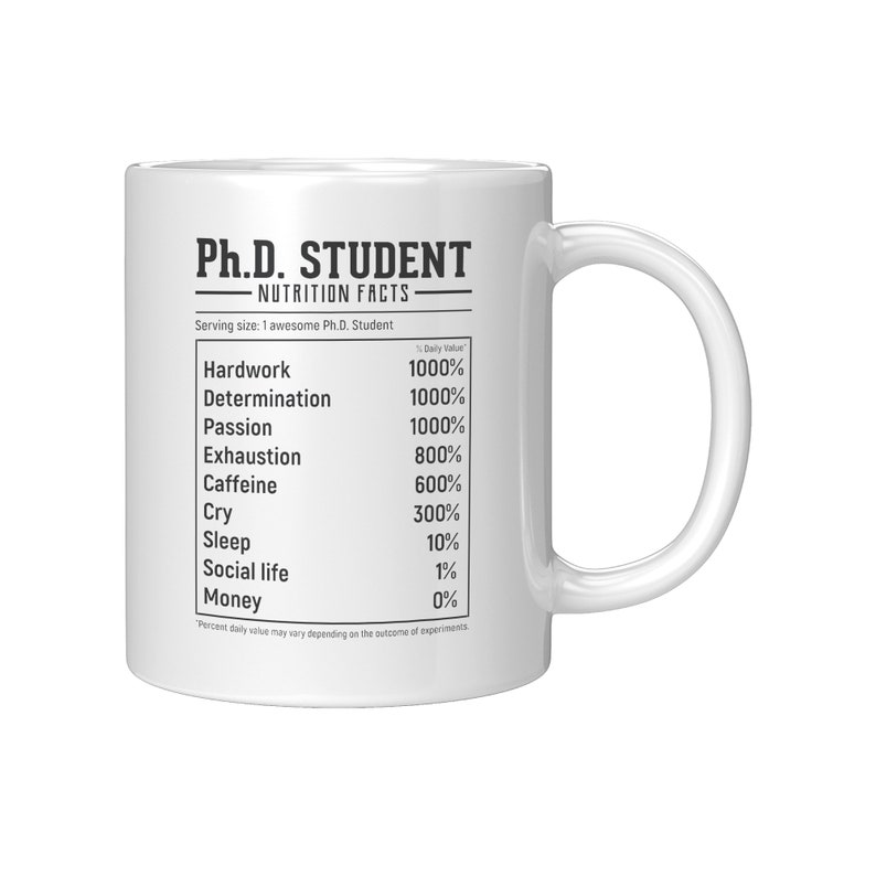 May include: White ceramic mug with a black graphic of a nutrition facts label for a Ph.D. student. The label lists the daily value of various items such as hard work, determination, passion, exhaustion, caffeine, cry, sleep, social life, and money.