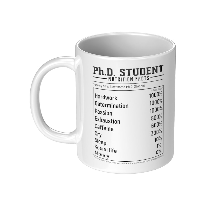 May include: White ceramic mug with a black graphic that reads "Ph.D. STUDENT NUTRITION FACTS" and lists the daily value of various items such as "Hardwork", "Determination", "Passion", "Exhaustion", "Caffeine", "Cry", "Sleep", "Social Life", and "Money".