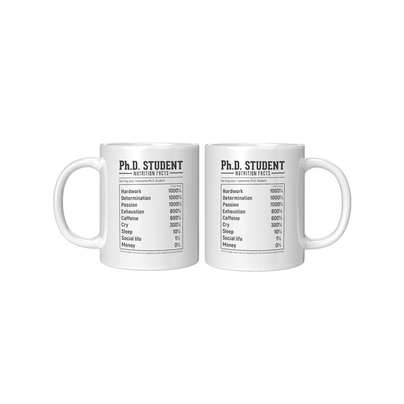 May include: Two white mugs with black handles. Each mug has a black graphic that reads "Ph.D. Student Nutrition Facts" and lists various items with percentages. The items include "Hardwork", "Determination", "Passion", "Exhaustion", "Caffeine", "Cry", "Sleep", "Social Life", and "Money".