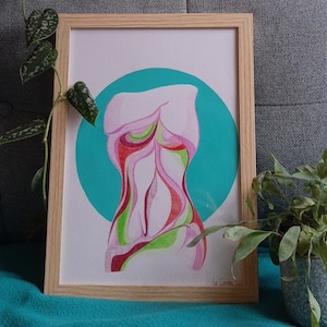Woman in red and turquoise - Handmade illustration made with acrylic paint and colored pencils