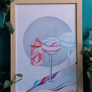 Gin and tonic in blue and red - Handmade illustration made with colored pencils