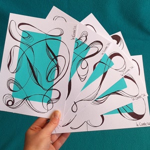 Arte lineal abstracto turquesa - Juego de 5 tarjetas hechas a mano (A5)