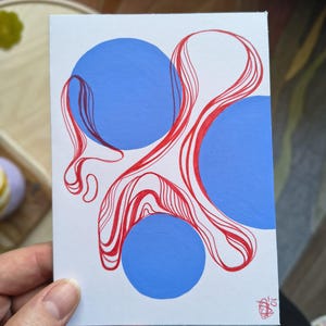 Arte lineal abstracto azul y rojo n.° 2: obra de arte única hecha a mano