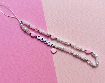 Personalised Name Beaded Phone Charm, Pink and White with Hearts, Phone Strap Wrislet