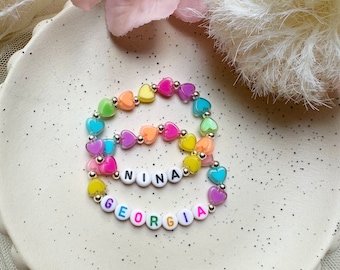 Custom Colourful Rainbow Heart Name Bracelet | Word Bracelet | Custom Bracelets | Toddler Bracelets | Kids Bracelets