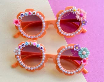 Flower & Pearl sunglasses personalised with name, Custom girls sunnies