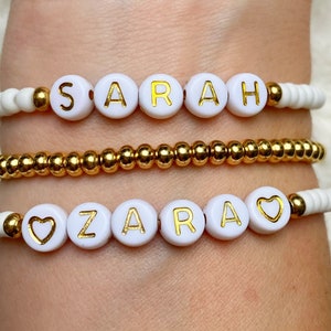 Personalised Beaded Bracelet | Name Bracelet | Custom Word | Friendship Bracelets | White & Gold Letters | Bridesmaids Gift | Valentines