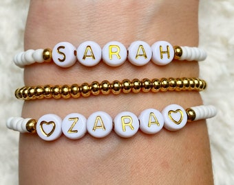 Personalised Beaded Bracelet | Name Bracelet | Custom Word | Friendship Bracelets | White & Gold Letters | Bridesmaids Gift | Valentines