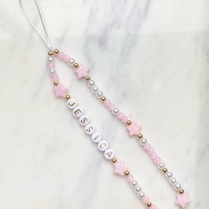 Personalised Pink & Pearl Phone Strap | Name or Word Phone Wrist Strap | Charm Strap | IPhone Wristlet | Y2K