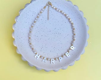 Personalised Beaded Name Necklace, Girls Custom Bead Necklace, Pearl Letters