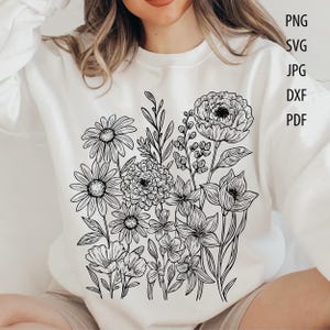 Flores silvestres, Desenho de flores, PNG, SVG, Flor selvagem, Flores boho, Desenhado à mão, Arte de jardim, Flores do campo, Download digital