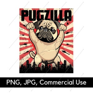 Archivo PNG de Pugzilla, Pug gracioso, PNG, archivo de imagen, Pug, perro, chica retro, perro gracioso, amante de los perros, juguetón, descarga digital