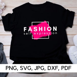 May include: Black t-shirt with a pink paint splatter and white text that reads "FASHION self expression".