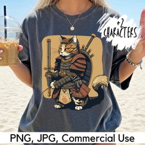 サムライ猫アート PNG、サムライ猫 PNG の 2 つの特徴、戦士猫アート、アニメ、サムライ、昇華デザイン、デジタル ダウンロード