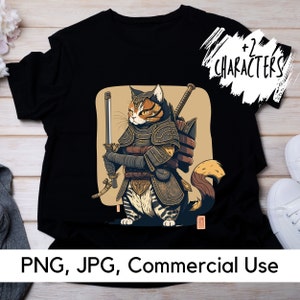サムライ猫アート PNG、サムライ猫 PNG の 2 つの特徴、戦士猫アート、アニメ、サムライ、昇華デザイン、デジタル ダウンロード