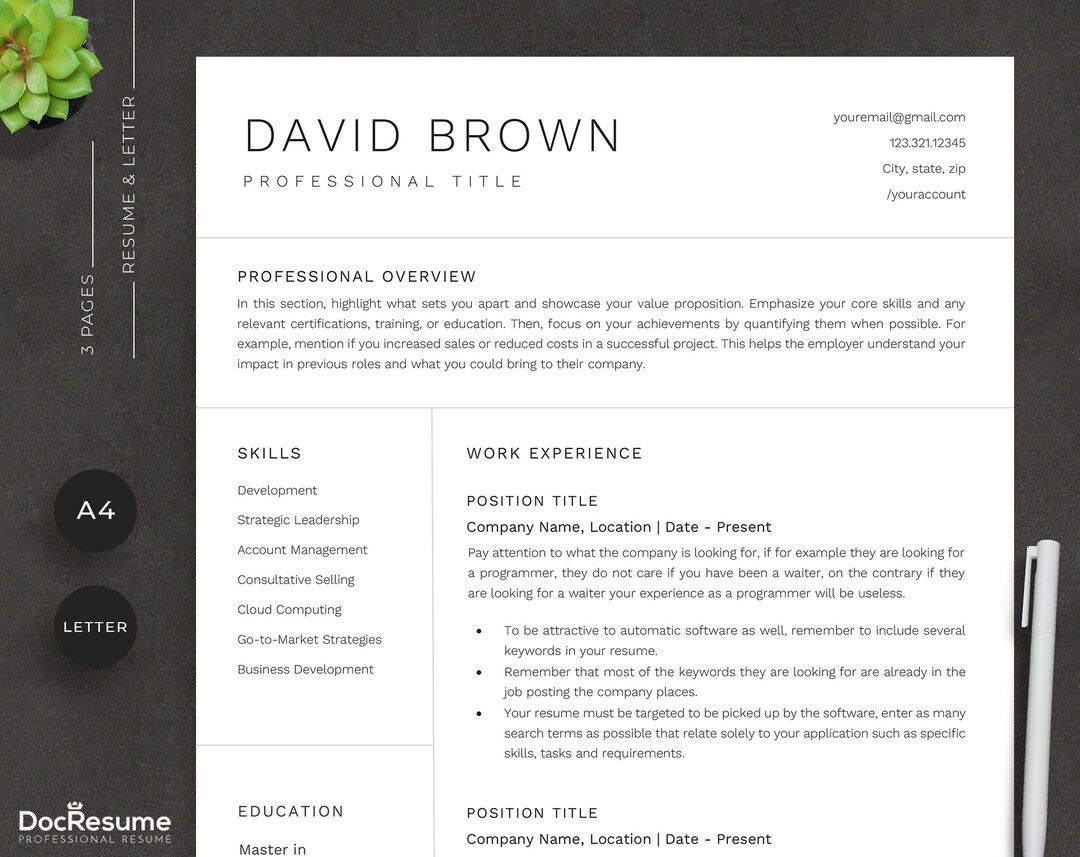 New Clean Resume Template for Google Docs & Word • Minimalist Executive ...