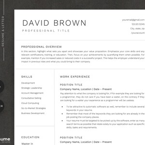 May include: A black and white resume template with the name David Brown at the top. The resume includes sections for professional overview, skills, work experience, and education. The template is designed to be used for job applications.