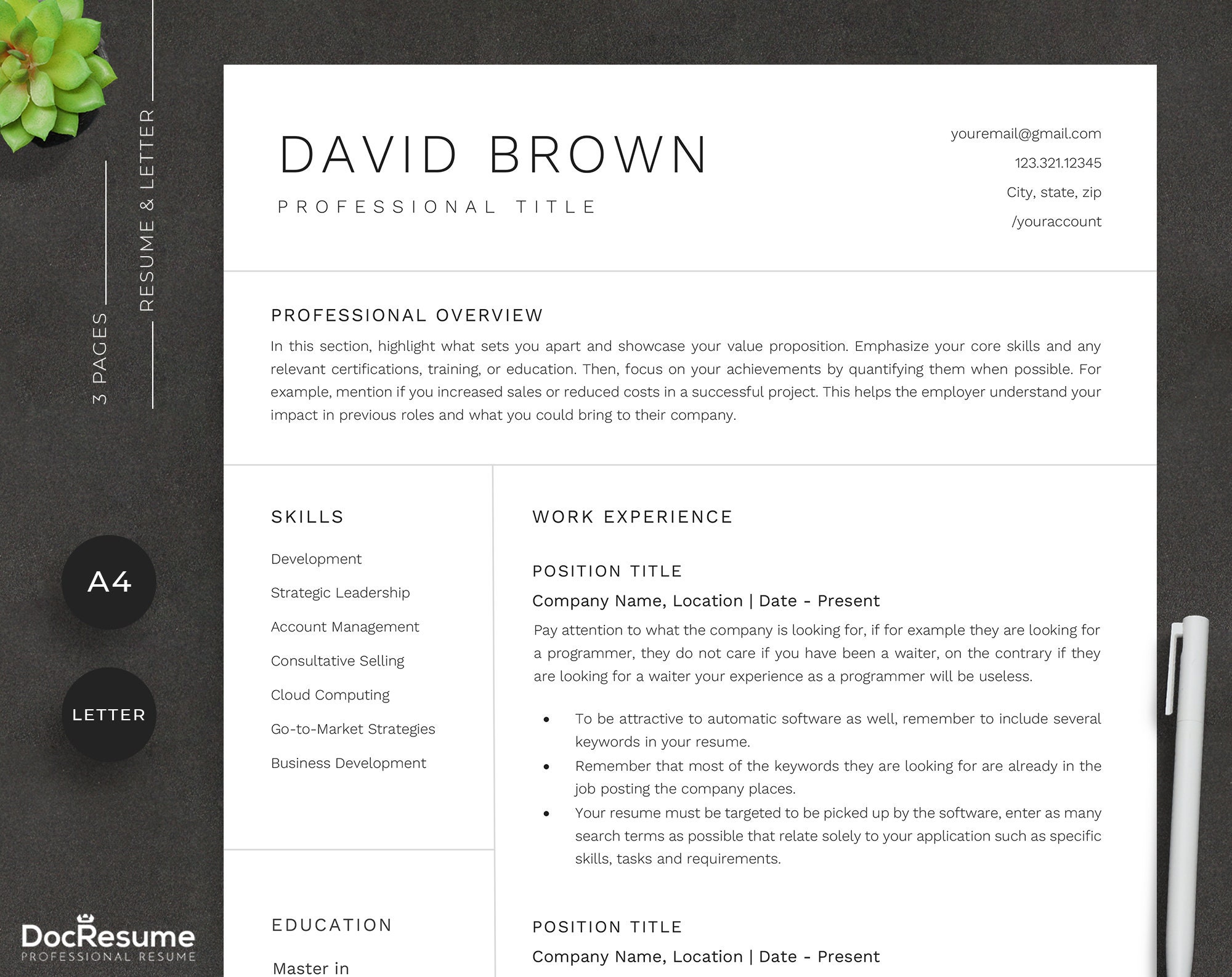 New Clean Resume Template for Google Docs & Word • Minimalist Executive ...