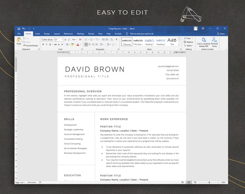 New Clean Resume Template for Google Docs & Word • Minimalist Executive ...