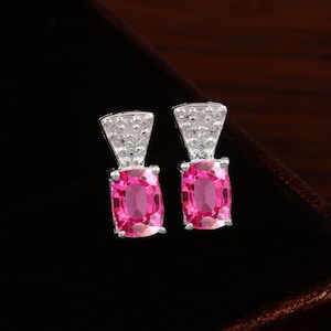 Flawless Ceylon Pink Sapphire Cushion Cut Dangle stud, Handmade Silver Dangles,925 Sterling Silver Dangle Earrings, Gift for her 7x5 MM